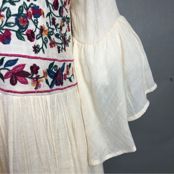 Umgee Dress Peacock Ivory Floral Embroidered Bells Sleeve Crinkle Pleated Boho - Picture 7 of 9